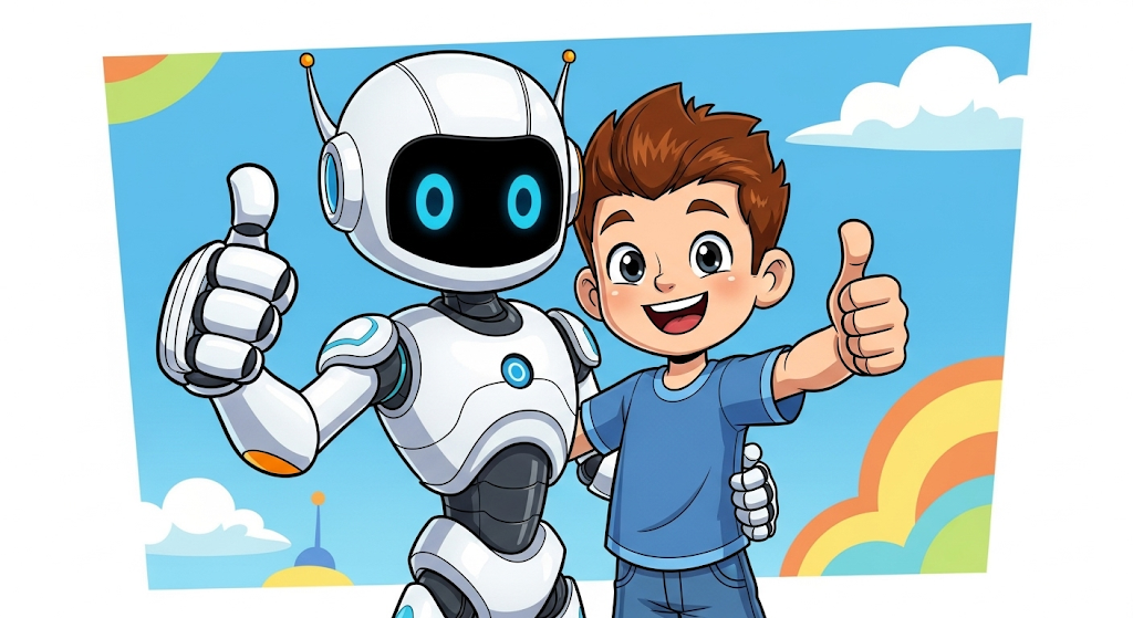 Image of AI and a boy looking at the camera smiling and giving a thumbs up