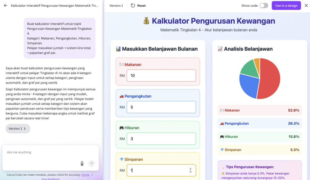 Canva Code for teachers - sample interactive flashcard app interface