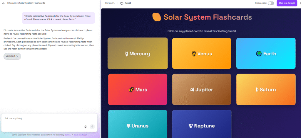 Solar System flashcards created with Canva Code for teachers