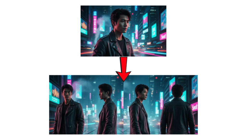 Example labeled “Character Rotation from One Photo” showing a single portrait of a man in a neon city transformed into multiple angles—front, side, and back—demonstrating consistent character rotation from one image.