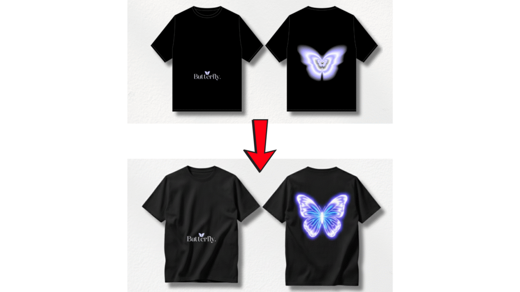 Before-and-after example of black T-shirts where a small butterfly logo on the front is transformed into a large glowing butterfly graphic on the back, illustrating AI-assisted design enhancement for apparel.