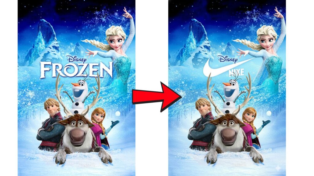 Before-and-after example showing a movie poster with the “Frozen” title on the left and a modified version on the right where the title is replaced with a different logo, illustrating image editing or logo replacement.