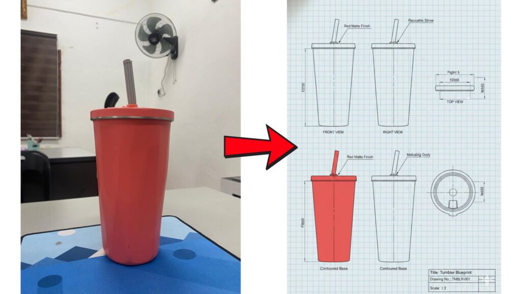 Before-and-after example showing a photo of a red cup with a straw transformed into a technical blueprint with front, side, and top views and measurements, illustrating AI-assisted product drawing from an image.