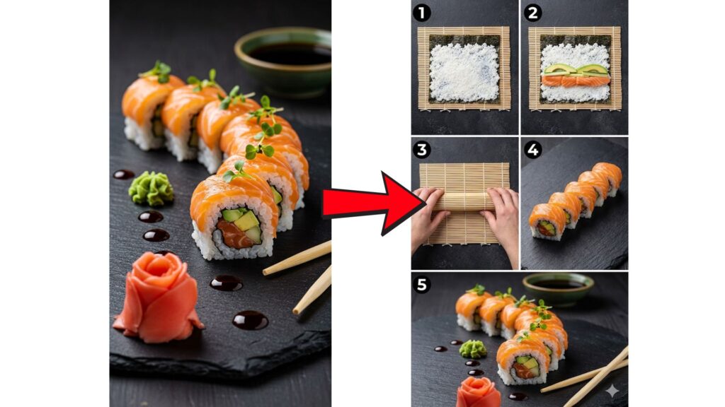 Example labeled “AI Food Tutor (Cooking Instruction)” showing a sushi dish on the left and step-by-step images on the right demonstrating how to prepare and roll the sushi.