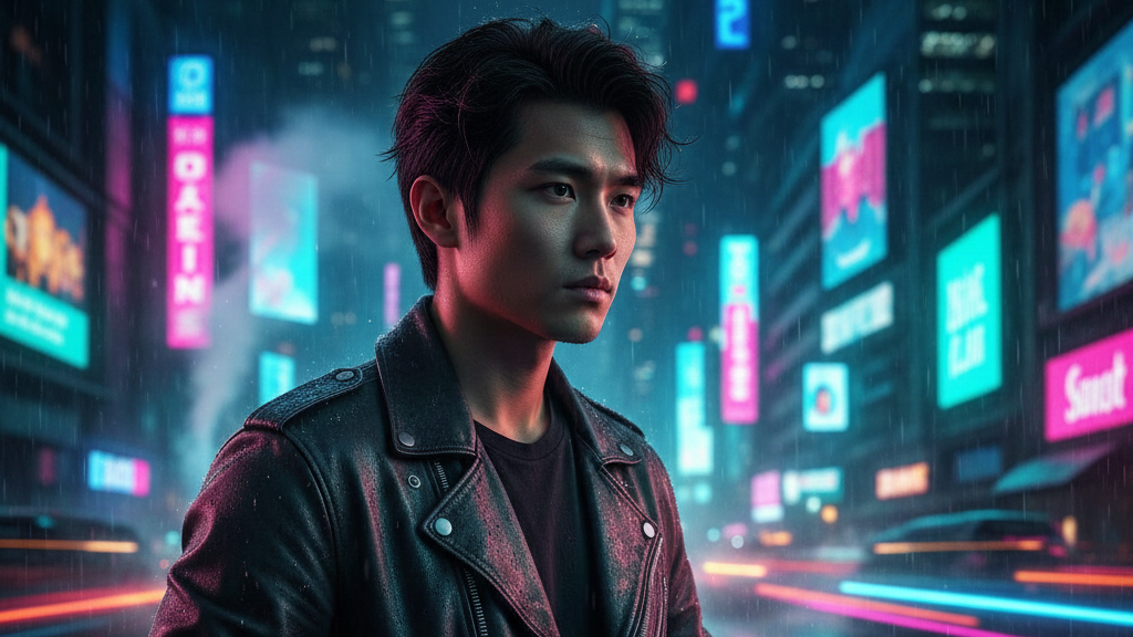 A young man in a leather jacket stands in a neon-lit city street at night with colorful billboards and light trails in the background, creating a cinematic cyberpunk atmosphere.
