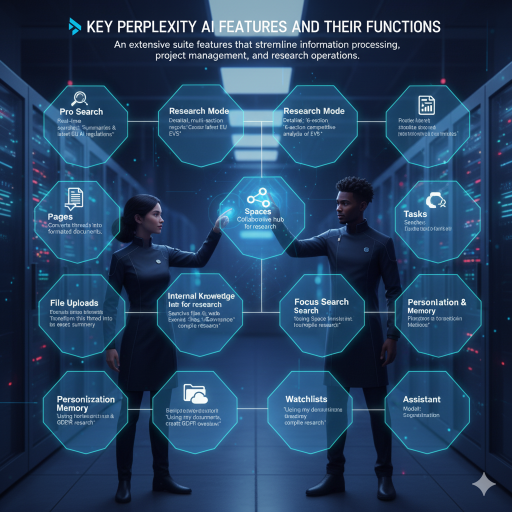 Two people facing a futuristic holographic display titled “Key Perplexity AI Features and Their Functions,” highlighting tools such as search, research mode, file uploads, internal knowledge, tasks, personalization, and assistant features.