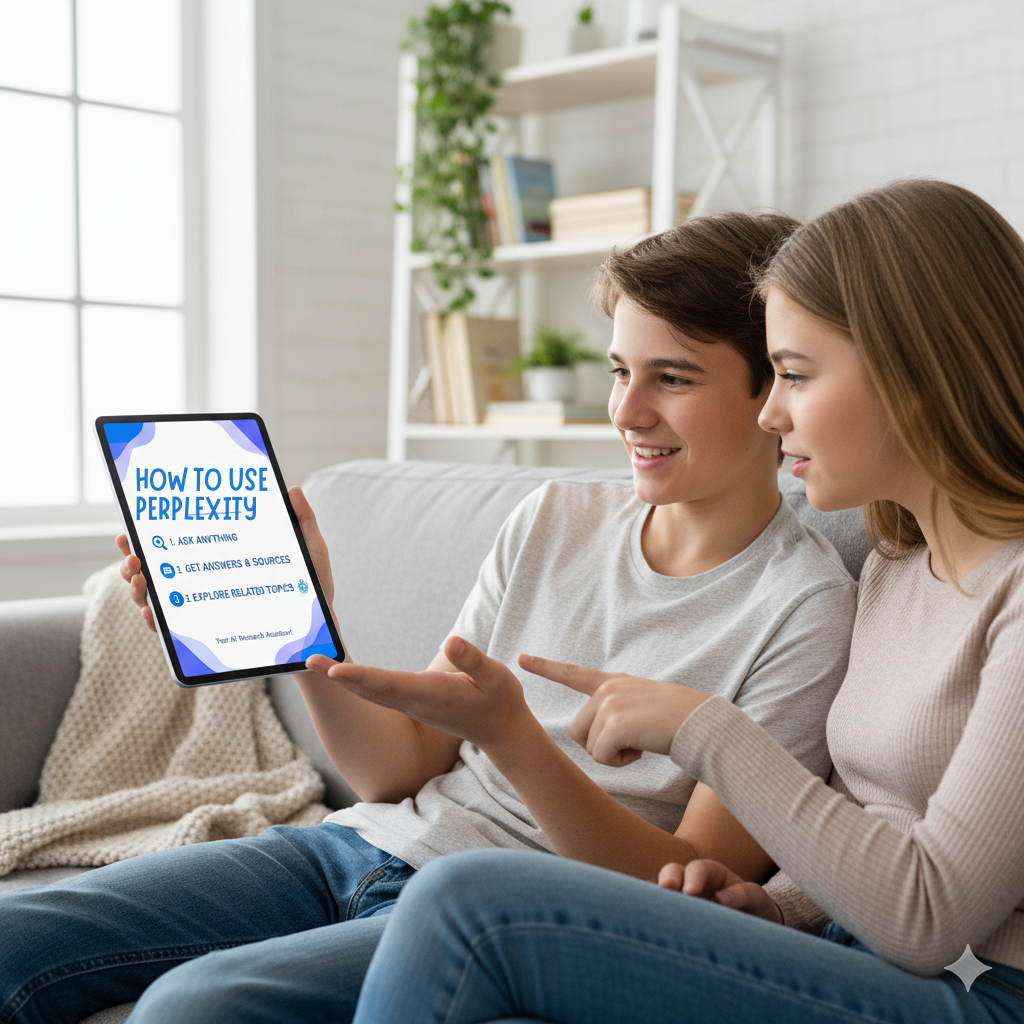 Two young people sitting on a couch at home, looking at a tablet displaying a guide titled “How to Use Perplexity,” appearing engaged while learning about an AI tool together.