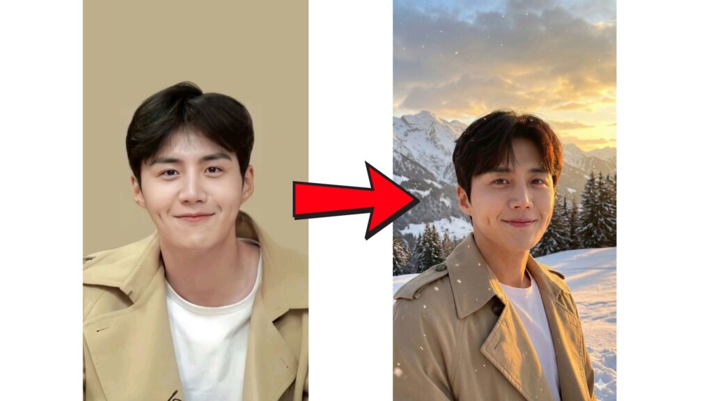 Before-and-after example labeled “Perfect Personal Avatars (Self-Insert AI)” showing a man’s portrait transformed into a scenic outdoor version with snowy mountains and warm lighting in the background.