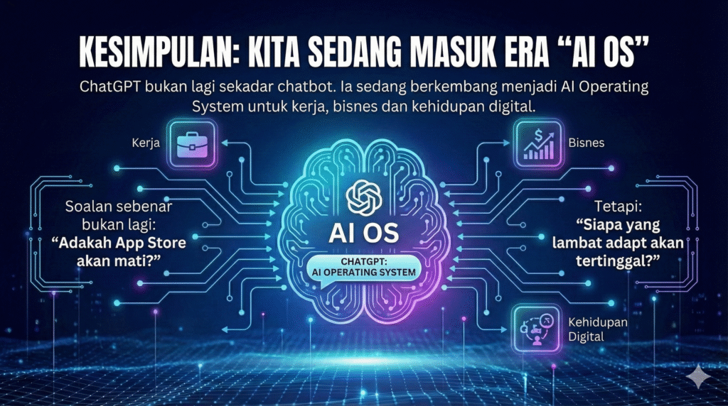 Banner titled “Kesimpulan: Kita Sedang Masuk Era ‘AI OS’” showing ChatGPT as an AI operating system connected to work, business, and digital life, with notes about the future beyond app stores and the importance of adapting quickly.
