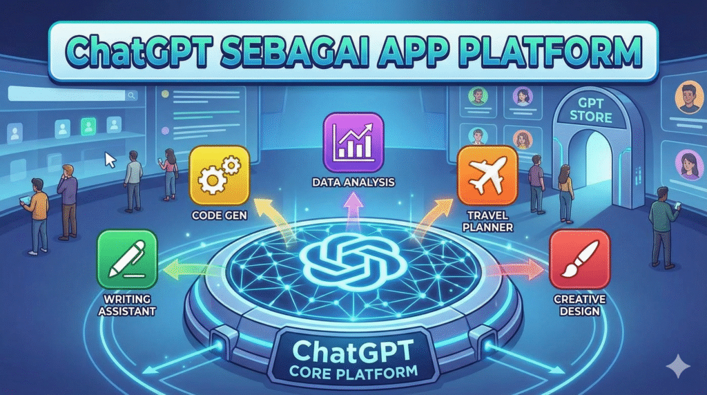 Infographic titled “ChatGPT sebagai App Platform” showing ChatGPT as a core platform connected to features like writing assistant, code generation, data analysis, travel planner, and creative design, with a GPT store in the background.