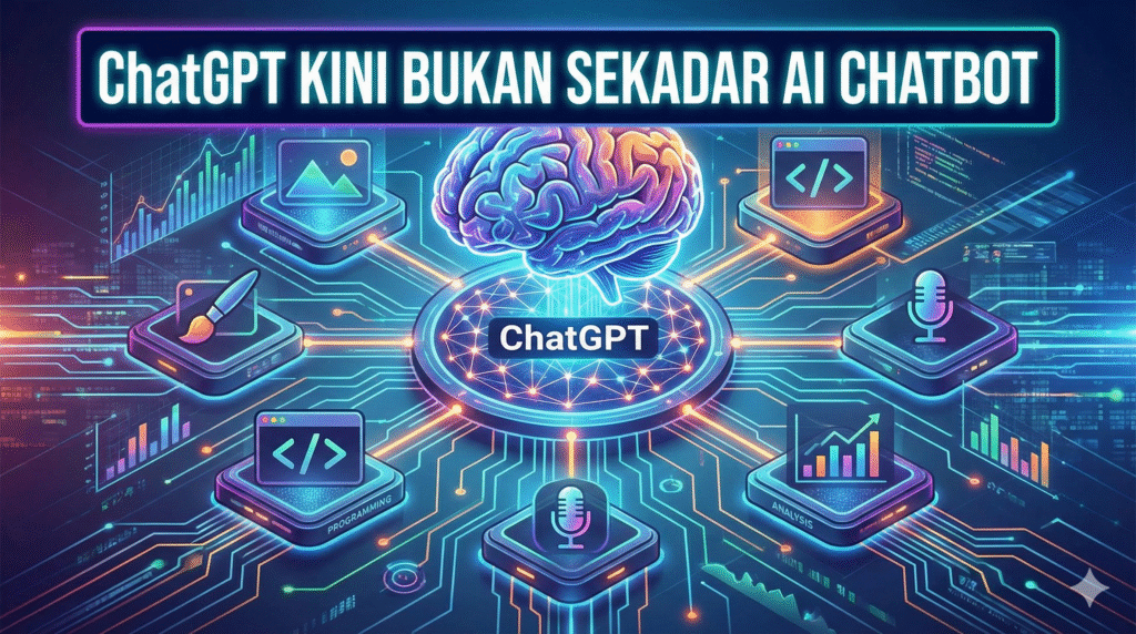 Banner reading “ChatGPT Kini Bukan Sekadar AI Chatbot” showing a central ChatGPT brain connected by circuits to icons for coding, analytics, voice, and design, representing expanded capabilities beyond chat.