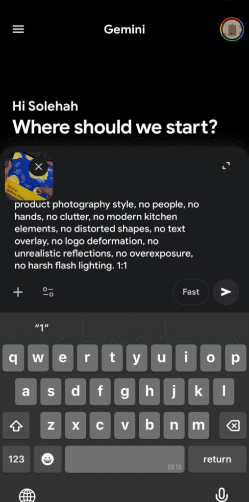 “Gemini app interface greeting ‘Hi Solehah’ with the on-screen keyboard open and a long image-generation prompt being typed, showing constraints like no people, no clutter, no modern elements, and controlled lighting.”