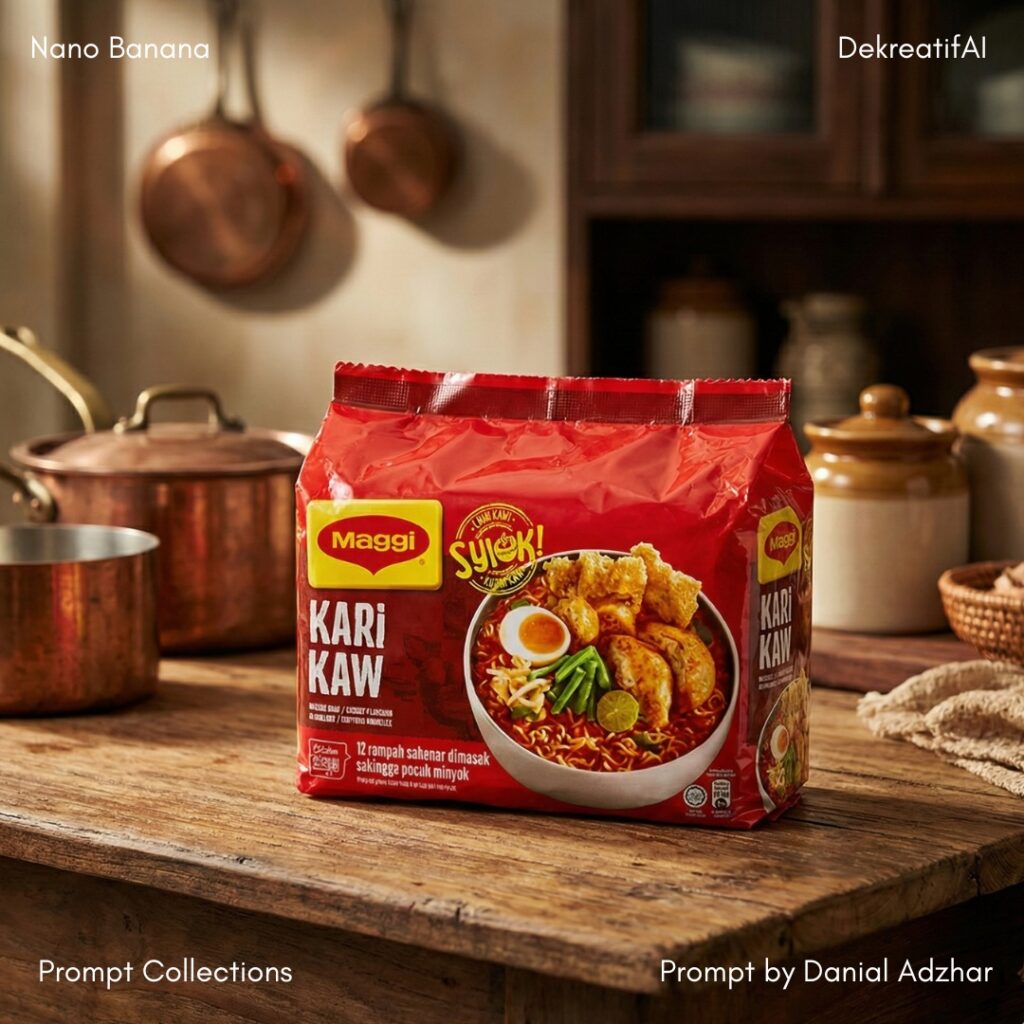 “Pack of Maggi Kari Kaw instant noodles placed on a rustic wooden kitchen table, with copper pots and warm kitchen utensils blurred in the background, creating a cozy cooking atmosphere.”