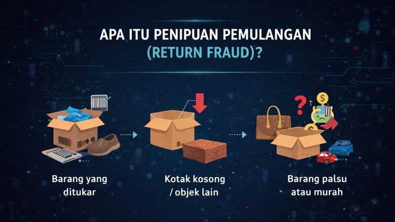 Infographic titled “Apa itu Penipuan Pemulangan (Return Fraud)?” illustrating examples such as swapping items, returning an empty box or different object, and returning fake or cheap goods.