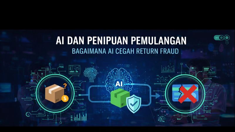 Banner graphic titled “AI dan Penipuan Pemulangan – Bagaimana AI Cegah Return Fraud,” showing a flow from a package icon to an AI shield and a rejected return symbol, representing AI preventing return fraud.