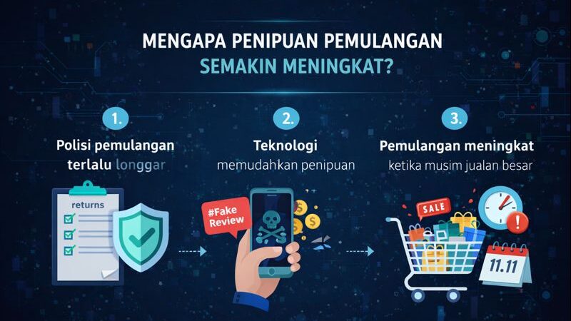 Infographic titled “Mengapa Penipuan Pemulangan Semakin Meningkat?” listing reasons such as lenient return policies, technology enabling fraud, and higher return volumes during major sale seasons.