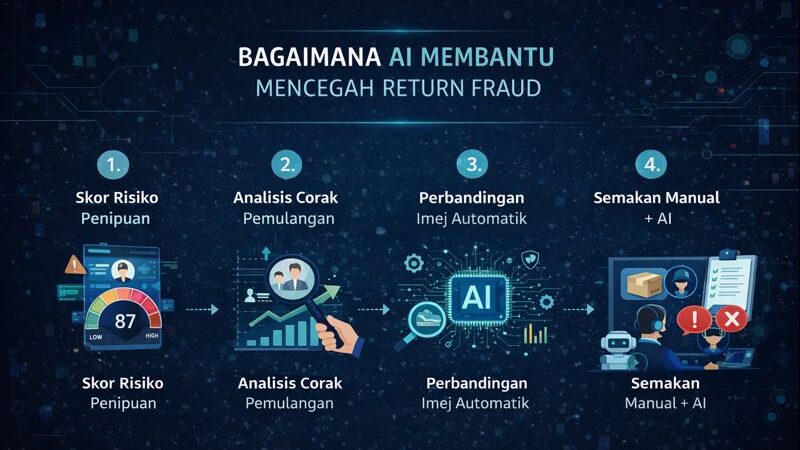 Infographic titled “Bagaimana AI Membantu Mencegah Return Fraud” outlining steps such as risk scoring, return pattern analysis, automated image comparison, and manual checks supported by AI.