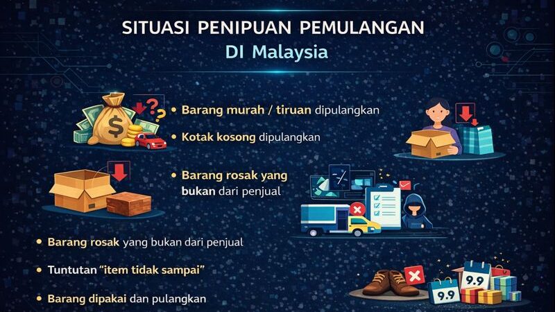 Infographic titled “Situasi Penipuan Pemulangan di Malaysia” showing examples like returning cheap or fake items, empty boxes, damaged goods not from the seller, false “item not received” claims, and used items being returned.