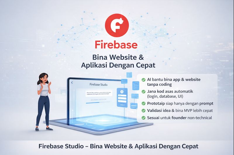 Infografik Firebase Studio menunjukkan cara AI membantu membina website dan aplikasi dengan cepat menggunakan prototaip automatik, kod asas, dan idea siap untuk founder non-technical.