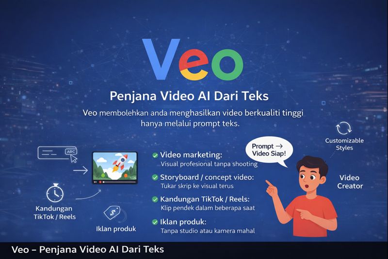 Infografik Veo yang memaparkan fungsi penjanaan video AI daripada teks, sesuai untuk video marketing, storyboard, TikTok/Reels dan iklan produk.