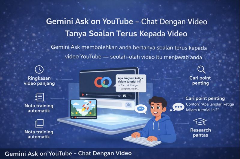 Infografik Gemini Ask on YouTube memperlihatkan ciri AI yang membolehkan pengguna bertanya soalan kepada video, mendapatkan ringkasan, nota training, point penting dan research pantas.