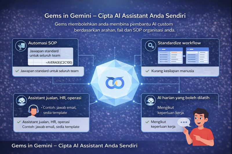 Infografik Gemini in Google Sheets menonjolkan fungsi AI untuk jana formula automatik, bersihkan ribuan data, ringkasan laporan mingguan dan analisis pantas.