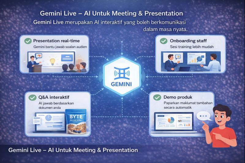 Infografik Gemini Live menggambarkan AI interaktif real-time yang menjawab soalan audien, bantu onboarding staf, Q&A automatik dan demo produk.