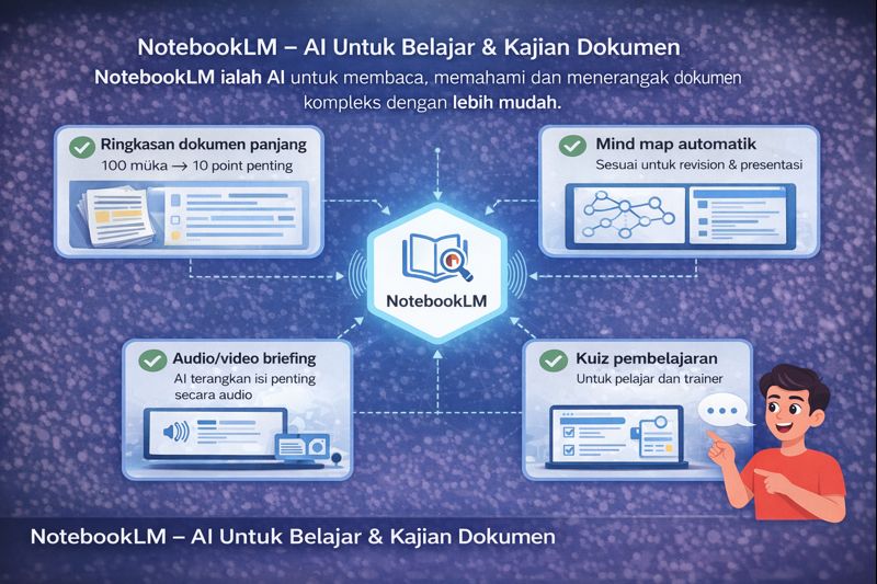 Infografik NotebookLM menunjukkan fungsi AI untuk ringkasan dokumen, mind map automatik, audio briefing, kuiz pembelajaran dan onboarding staf.
