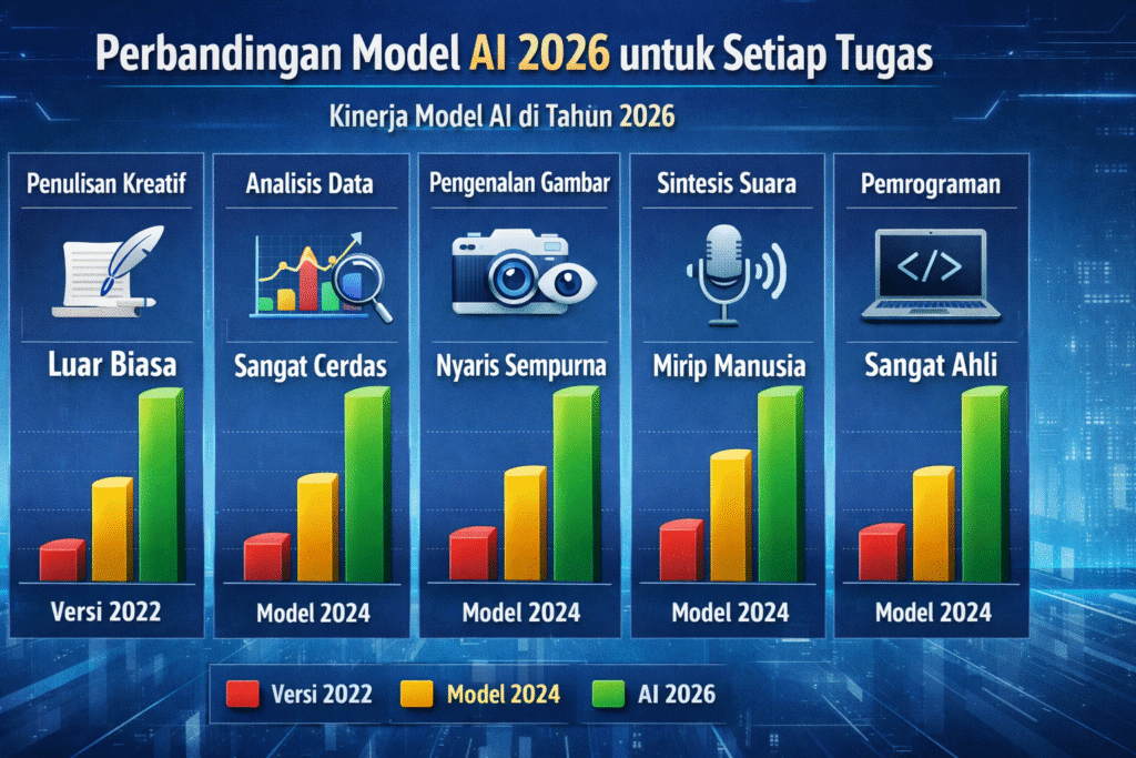 Infografik “Perbandingan Model AI 2026 untuk Setiap Tugas” yang memaparkan graf bar berwarna membandingkan prestasi AI dari versi 2022, model 2024, dan AI 2026 dalam lima kategori: penulisan kreatif, analisis data, pengenalan gambar, sintesis suara, dan pemrograman, menunjukkan peningkatan ketara prestasi ke tahap luar biasa dan sangat ahli.