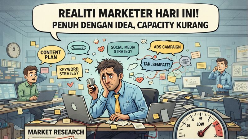 Gambar berkongsep jurang besar antara idea dan execution, menunjukkan marketer tidak sempat menyiapkan kerja akibat multitasking, deadline rapat dan tugas berlebihan.