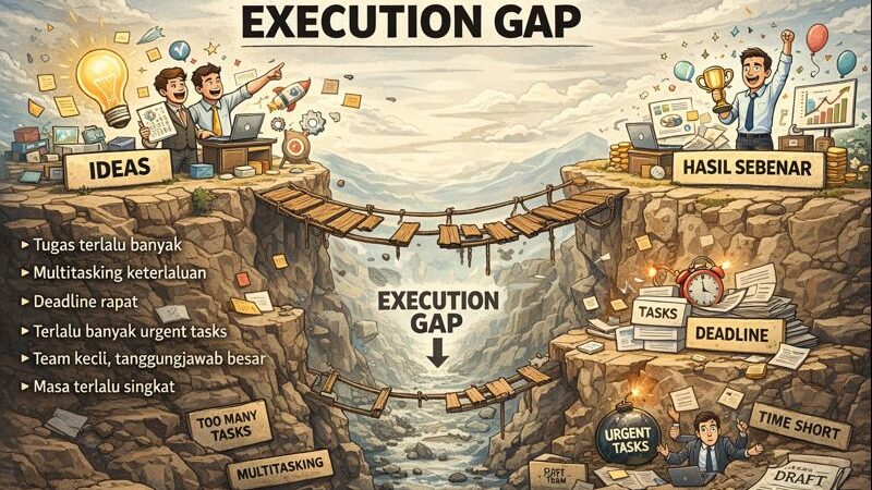 Gambar dua situasi berbeza — idea banyak di sebelah kiri, tetapi kekangan masa dan capacity di sebelah kanan — menerangkan cabaran utama marketer moden.