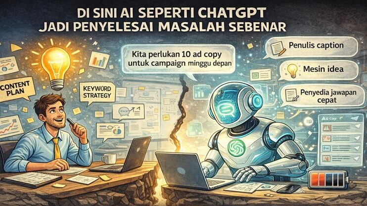 Ilustrasi pejabat moden di mana ChatGPT bertindak membantu marketer dengan tugas-tugas marketing, menggambarkan AI sebagai pasukan menyokong untuk mengurangkan execution gap.