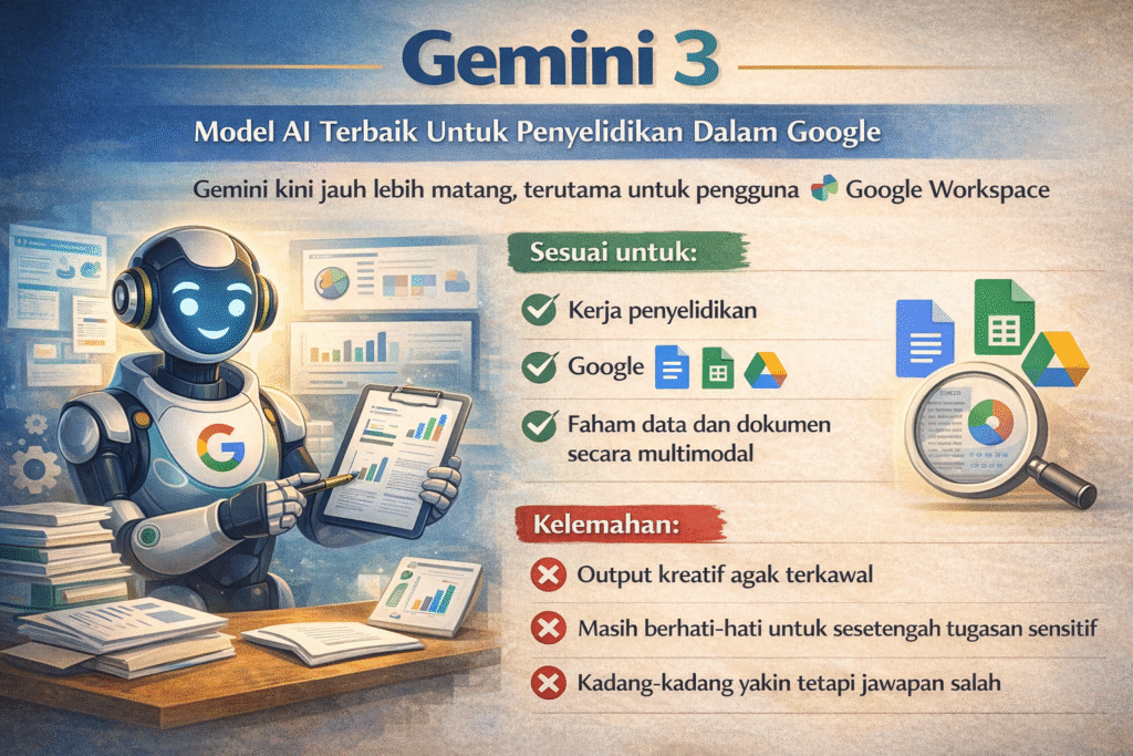 Infografik Gemini 3 dalam Bahasa Melayu yang menerangkan model AI untuk penyelidikan dalam Google Workspace, memaparkan robot memegang papan klip dengan graf serta senarai kegunaan seperti kerja penyelidikan, Google Docs/Sheets/Drive, faham data dan dokumen secara multimodal, bersama kelemahan output kreatif terkawal dan berhati-hati untuk tugasan sensitif.
