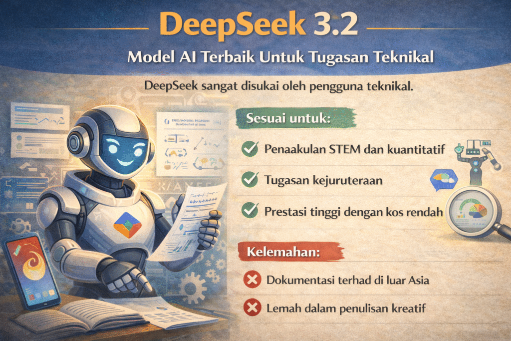 Infografik DeepSeek 3.2 dalam Bahasa Melayu yang menerangkan model AI untuk tugasan teknikal, memaparkan robot memegang dokumen graf dengan senarai kegunaan seperti penaakulan STEM, tugasan kejuruteraan, prestasi tinggi kos rendah, serta kelemahan dokumentasi terhad dan penulisan kreatif yang lemah.