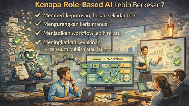 Gambar menunjukkan marketer menggunakan AI berperanan khusus untuk membuat keputusan, mengurangkan kerja manual, mengatur workflow dan meningkatkan keyakinan sebelum publish atau launch.