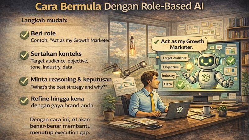 Ilustrasi langkah-langkah bermula dengan Role-Based AI termasuk beri role, sertakan konteks, minta reasoning, dan refine mengikut gaya brand, ditunjukkan melalui interaksi seorang marketer dengan ChatGPT.