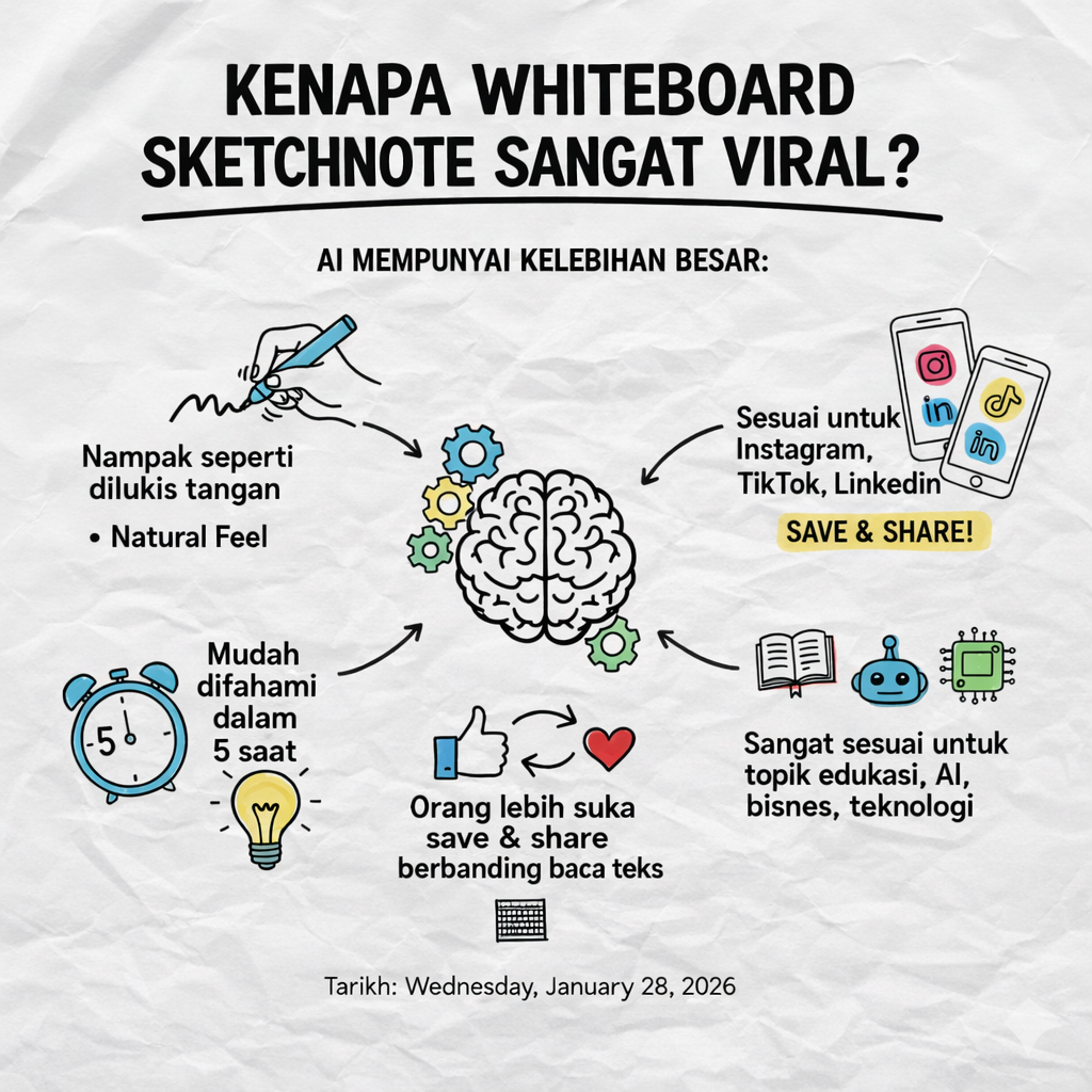 Infografik gaya whiteboard sketchnote dalam Bahasa Melayu bertajuk “Kenapa Whiteboard Sketchnote Sangat Viral?” yang menerangkan kelebihan visual lukisan tangan untuk media sosial, mudah difahami dalam 5 saat, dan sesuai untuk topik edukasi, AI, bisnes serta teknologi, dengan ilustrasi otak di tengah dan ikon Instagram, TikTok, LinkedIn.