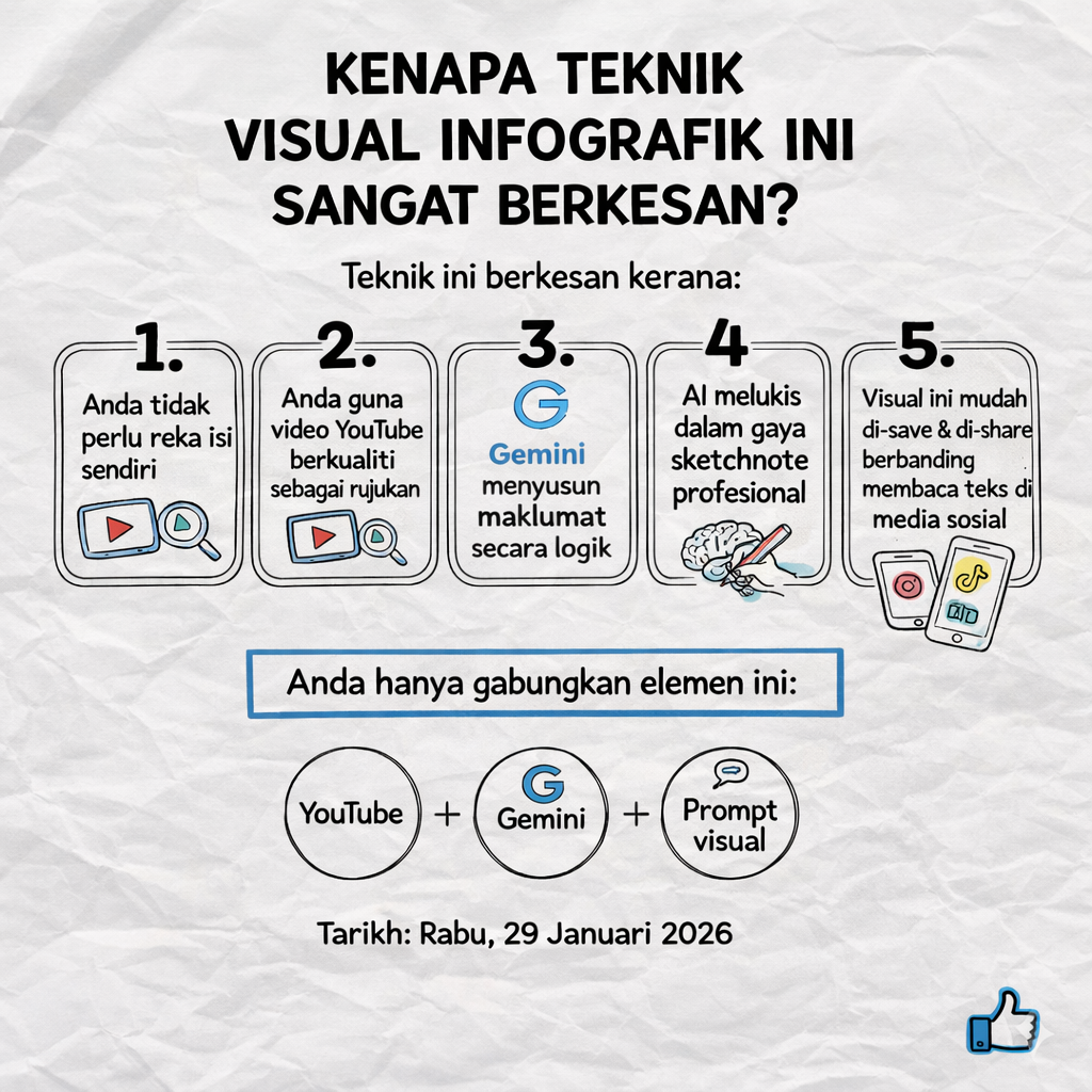 Sketch infographic AI berbahasa Melayu menerangkan kenapa teknik visual infografik sangat berkesan, memaparkan gabungan YouTube, Gemini dan prompt visual dalam gaya sketchnote yang mudah difahami.