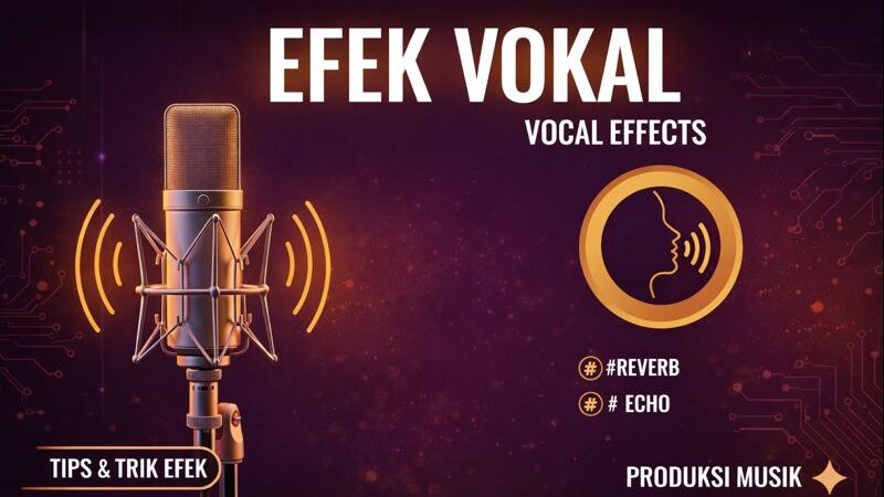 Graphic titled “Efek Vokal (Vocal Effects)” showing a studio microphone with soundwave lines and labels for reverb and echo, highlighting tips for music production.
