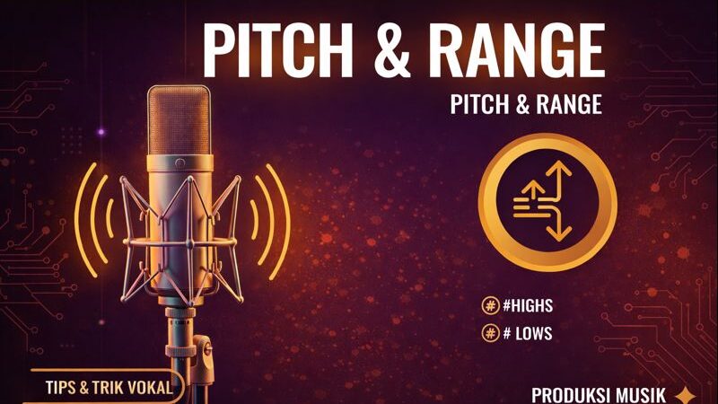 Graphic titled “Pitch & Range” featuring a studio microphone, soundwave lines, and an icon showing high and low notes, indicating tips for managing vocal pitch and range in music production.