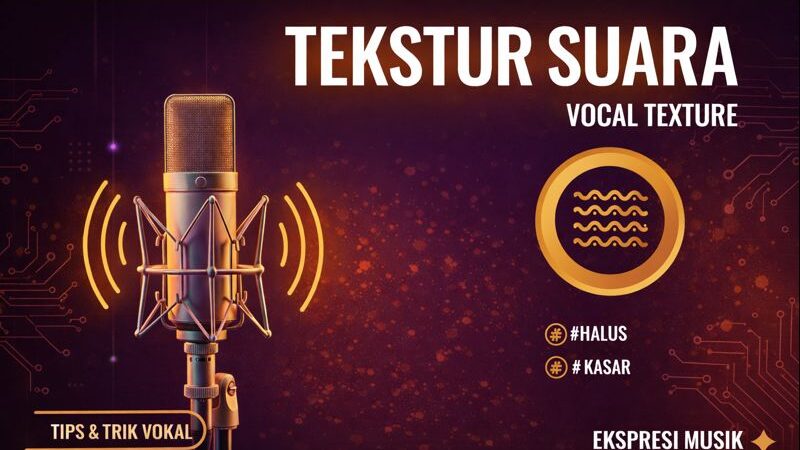 Graphic titled “Tekstur Suara (Vocal Texture)” with a studio microphone and wave pattern icon, highlighting smooth and rough vocal textures for expressive music production.