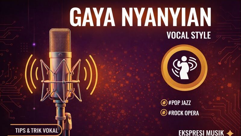 Graphic titled “Gaya Nyanyian (Vocal Style)” featuring a studio microphone and an icon of a singer, with examples like pop jazz and rock opera, highlighting vocal style in music performance.