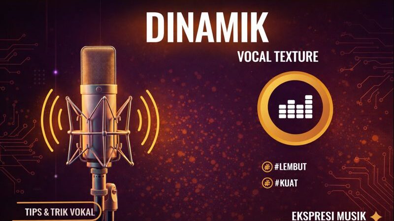 Graphic titled “Dinamik” with a studio microphone and equalizer icon, highlighting soft and strong vocal dynamics for expressive music performance.