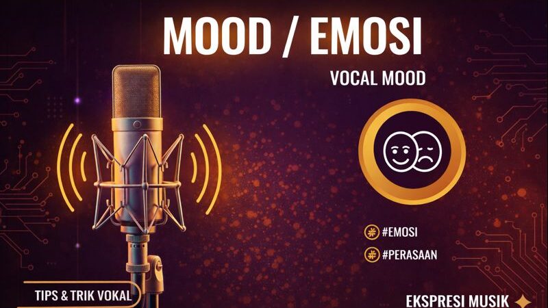 Graphic titled “Mood / Emosi (Vocal Mood)” featuring a studio microphone and theater mask icons, emphasizing emotion and feeling in vocal performance.