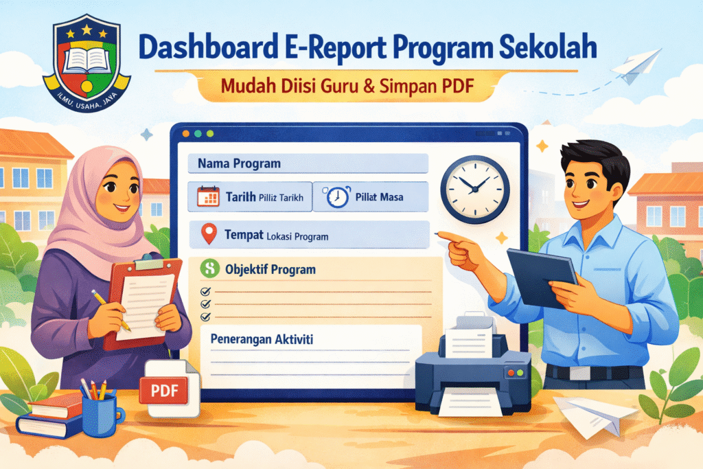 Illustration of a school “Dashboard E-Report Program Sekolah” interface showing fields for program name, date, time, location, objectives, and activity description, with two teachers holding a clipboard and tablet, and a printer for saving reports as PDF.