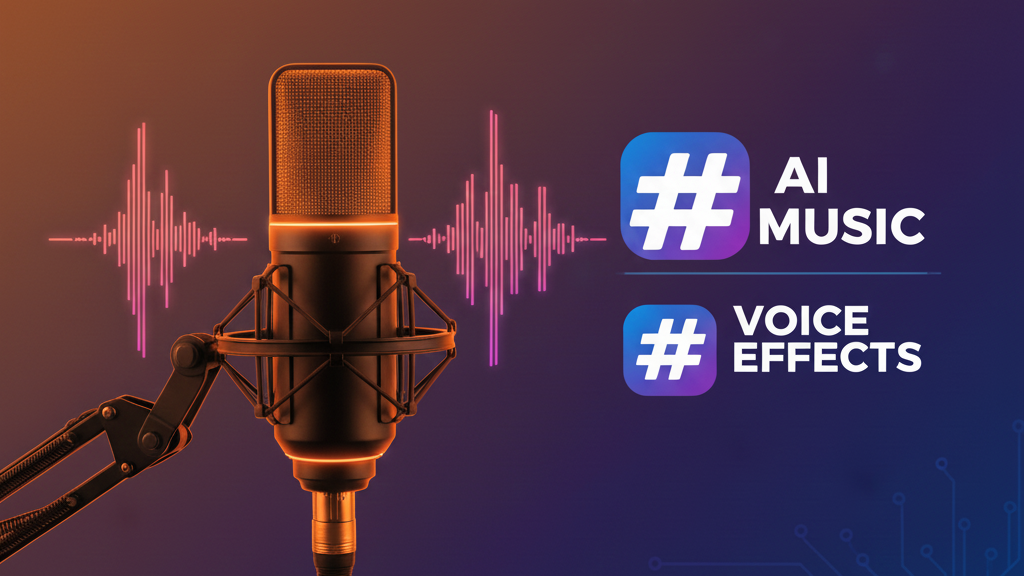 A studio microphone with soundwave graphics beside text labels “AI Music” and “Voice Effects,” representing AI-generated audio and voice processing.