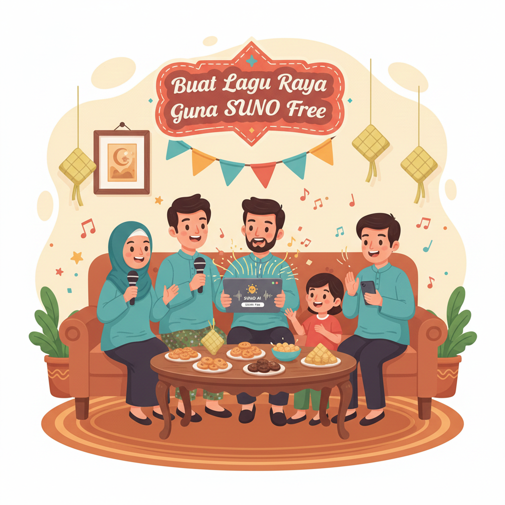 Illustration titled “Buat Lagu Raya Guna SUNO free” showing a family in traditional attire sitting on a sofa, singing with microphones around a table of festive snacks, with musical notes and Raya decorations in the background.