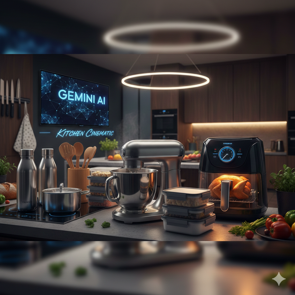 “Modern cinematic kitchen scene with smart appliances including a stand mixer, air fryer, and cookware on a counter, under circular pendant lights. A digital screen in the background displays ‘GEMINI AI – Kitchen Cinematic.’”