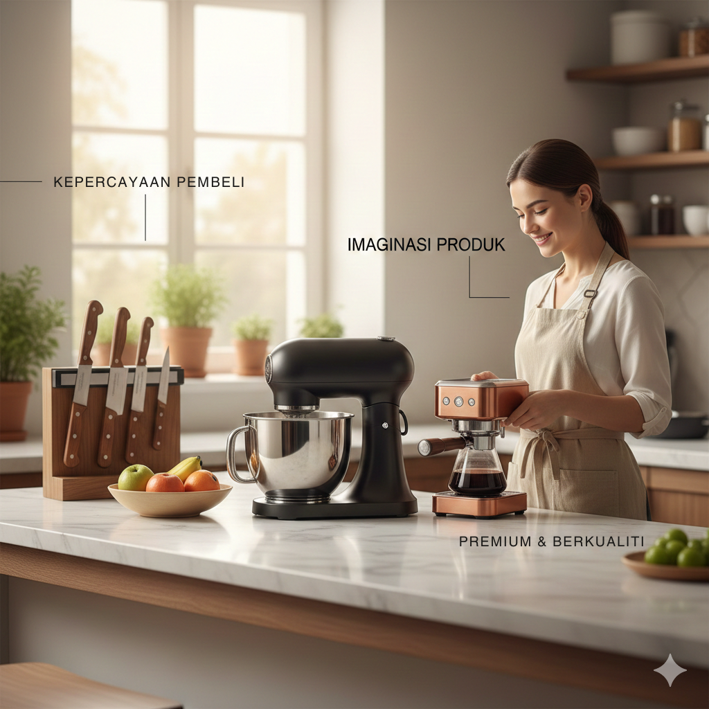 “Woman in a bright modern kitchen using a coffee machine beside a stand mixer, with fruits and utensils on the counter. Overlay text reads ‘Kepercayaan Pembeli’, ‘Imaginasi Produk’, and ‘Premium & Berkualiti’.”