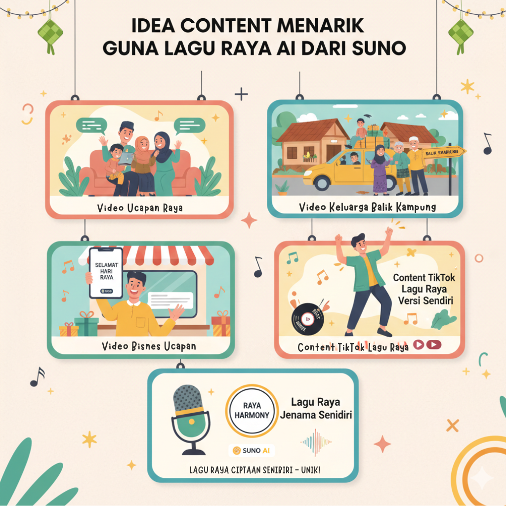 Infographic titled “Idea Content Menarik Guna Lagu Raya AI dari SUNO” showing content ideas such as Raya greeting videos, balik kampung family videos, business greeting posts, TikTok Raya content, and creating a unique Raya song brand.